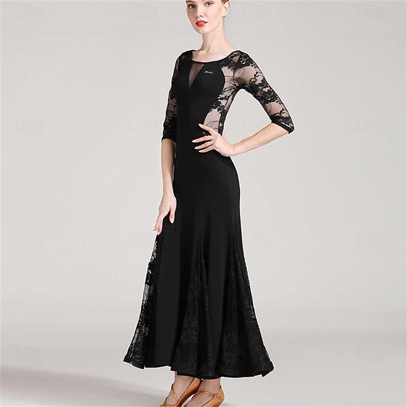 Women's Long Sleeve Lace Modern Dance Dresses Ballroom Dance costume Big Swing Dress4
