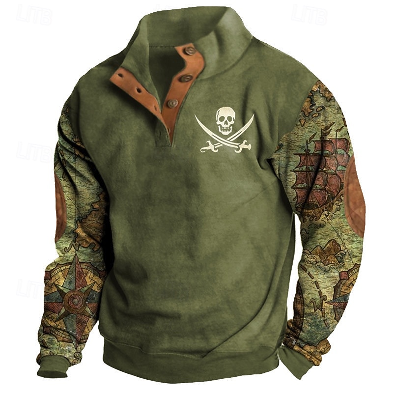 Men's Map Anchor Skulls Sweatshirt Sweatshirts Long Sleeve Sweatshirt Henley Graphic Print Holiday Going out Festival Buckle Print Fall Winter3