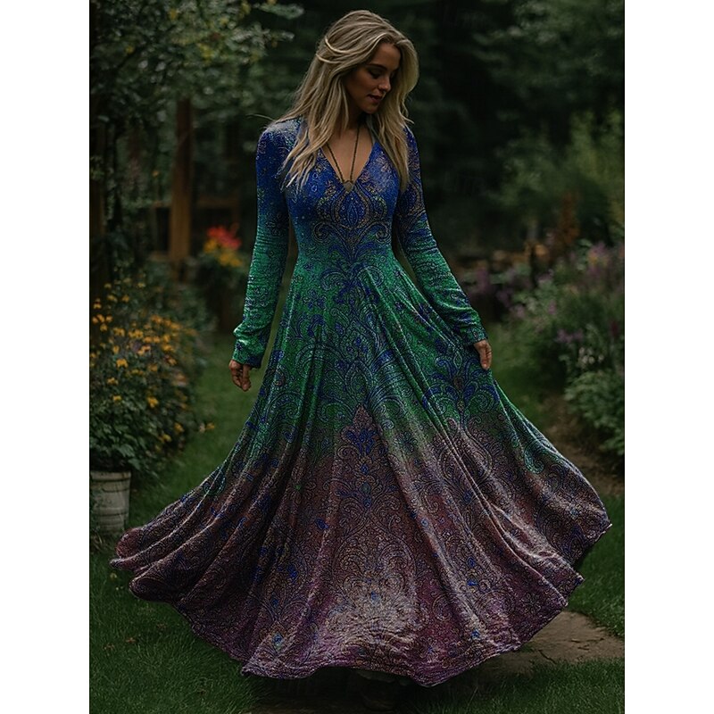 Christmas Women's Maxi Dress Pleated Dress Party Casual Boho Daily Date Going out Regular Fit Ombre Christmas Tree Long Sleeve V Neck Red Blue Purple Green Spring Fall Winter2