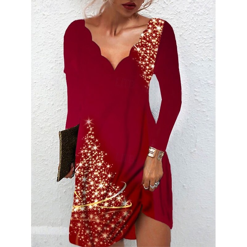 Christmas Women's Mini Dress Casual Dress Elegant Vintage Party Regular Fit Graphic Long Sleeve V Neck Black Red Gold Gray Fall Winter3