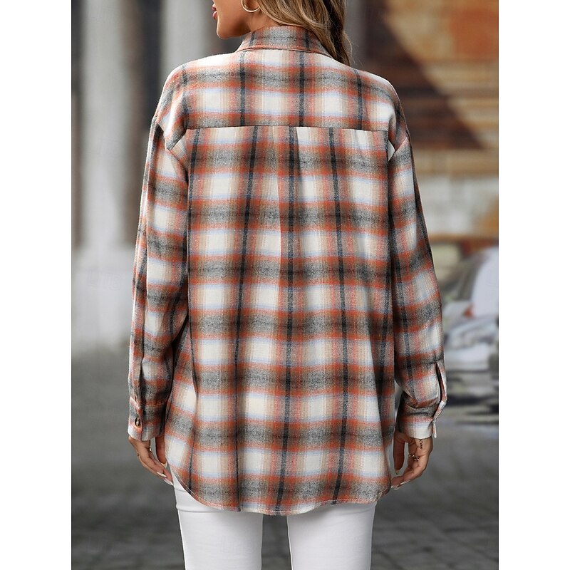 Women's Casual Jacket Shacket Comfortable Breathable Pocket Buttons Print Casual Plaid Vacation Street Casual Daily Wear Single Breasted Regular Turndown Regular Fit Long Sleeve Outerwear Wine Red2