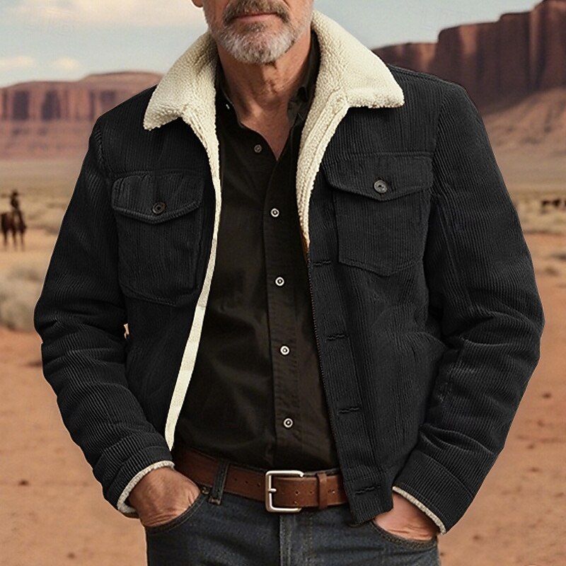 Men's Winter Jacket Corduroy Jacket Fleece Jacket Cargo Jacket Vacation Daily Thermal Warm Pocket Fleece Winter Plain Fashion Streetwear Lapel Regular Black Brown Coffee Jacket2