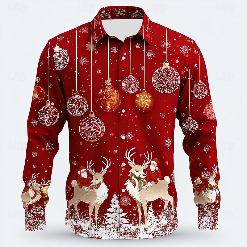 Christmas Men's Santa Claus Reindeer Christmas Baubles Shirt Button Up Shirt Long Sleeve Funny Outdoor Holiday Spring Fall Turndown 3D Print Collared Shirts Red 1 Red 4 Red 3 Red Red 24