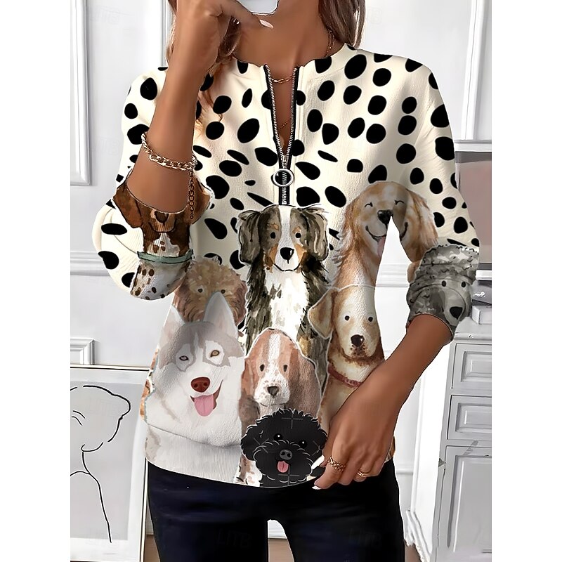 Women's Pullover Sweatshirt Zip Up Sweatshirts Graphic Animal Fashion Casual Long Sleeve Crew Neck Regular Tops Street Dailywear Casual Zipper Print White Beige Fall Winter2