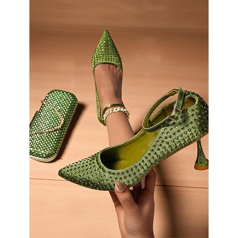Women's Green Rhinestone Heels and Matching Clutch Bag Set - Elegant Pointed Toe Pumps with Ankle Strap for Formal Events and Cocktail Parties2