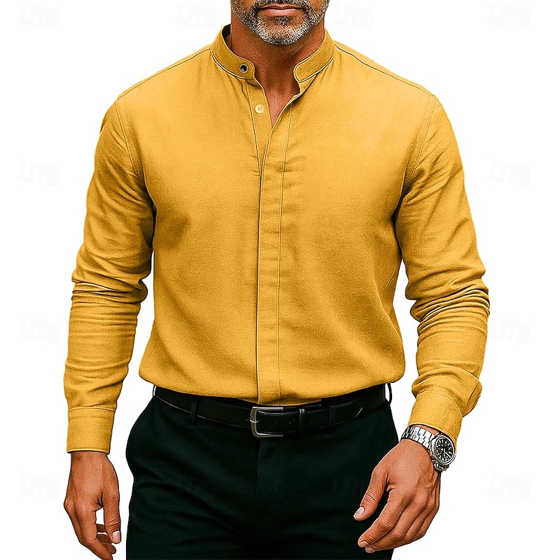 Men's Shirt Band Collar Shirt Dress Shirt Plain Wedding Outdoor Black White Wine Blue Long Sleeve Standing Collar N / A Clothing Apparel Pocket3