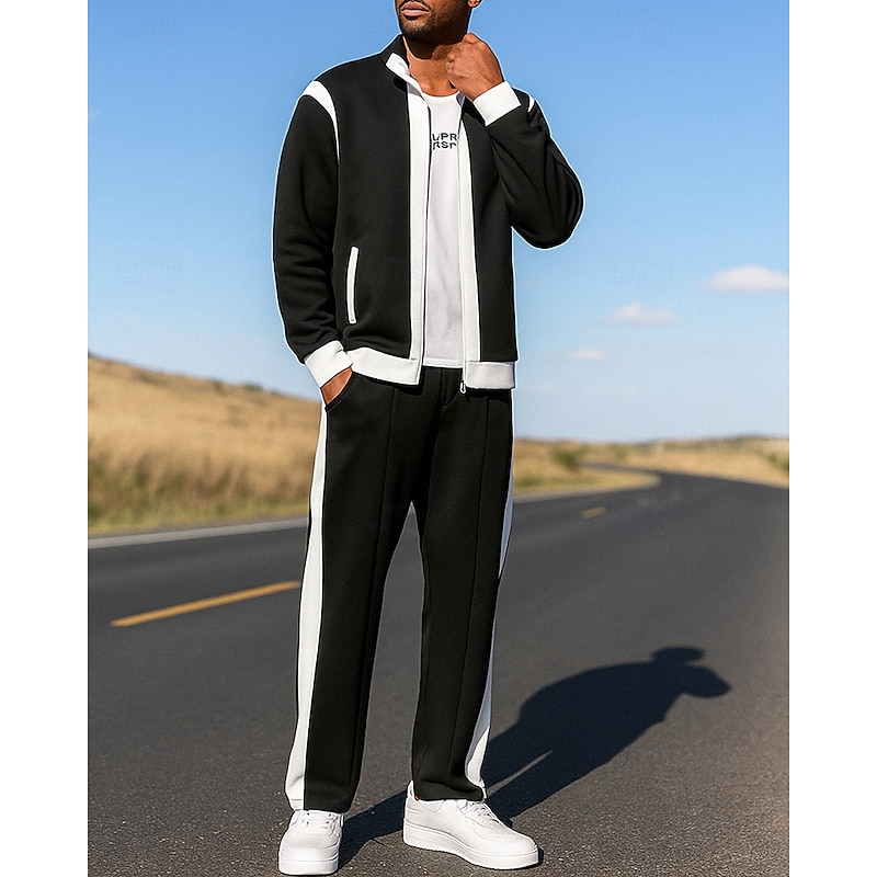 Men's Zip Up Sweatshirt Lounge Sweatsuit Sets 2 Piece Tracksuit with Pocket Color Block Clothing Suit Fall Black White Hiking Vocation Outdoor Long Sleeve Sport Activewear Micro-elastic Regular Fit4