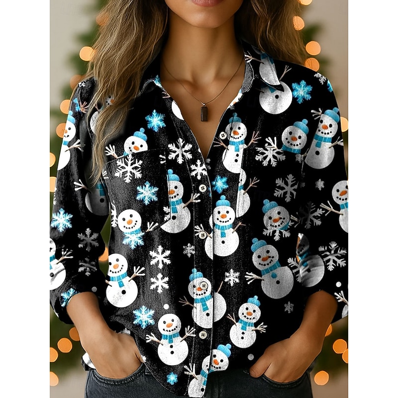 Christmas Women's Shirt Graphic Santa Claus Elegant Vintage Tropical Long Sleeve Shirt Collar Regular Tops Daily Holiday Pocket Buttons Print Black White Red Green Spring Fall Winter4