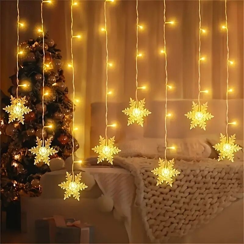 96LED Snowflake Curtain Lights 3.5m 8 Modes Lighting for Christmas Halloween Thanksgiving New Year Valentine's Day Home Balcony Living Room Garden Porch Atmosphere Decoration4