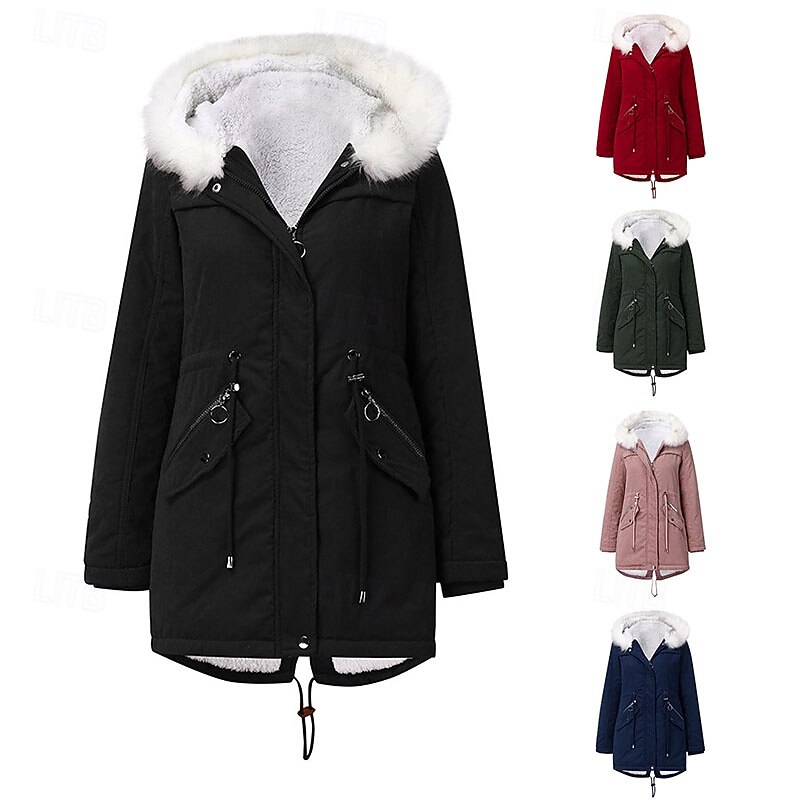 Women's Parka Warm Comfortable Zipper Pocket With Belt Casual Plain Vacation Street Casual Daily Wear Long Hooded Regular Fit Long Sleeve Outerwear Navy Black Pink Fall Winter