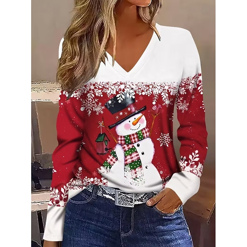 Christmas Women's T Shirt Graphic Christmas Vintage Stylish Classic Long Sleeve V Neck Regular Tops Daily Print Black Wine Red Blue Green Spring Fall Winter3
