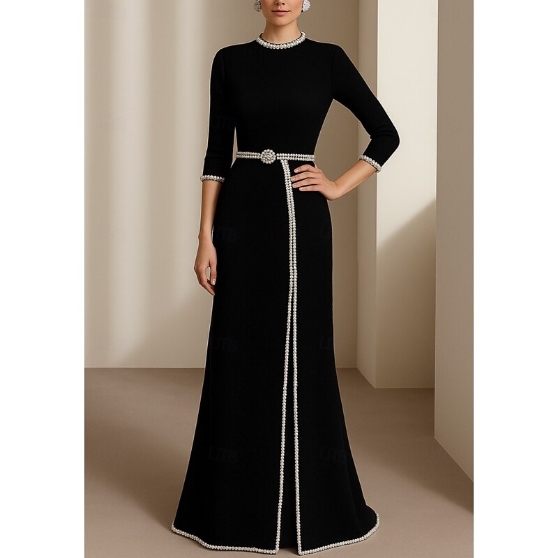Black Tie Sheath / Column Evening Gown Elegant Formal Dress Formal Wedding Floor Length 3/4 Length Sleeve Crew Neck Stretch Crepe with Pearls 20254