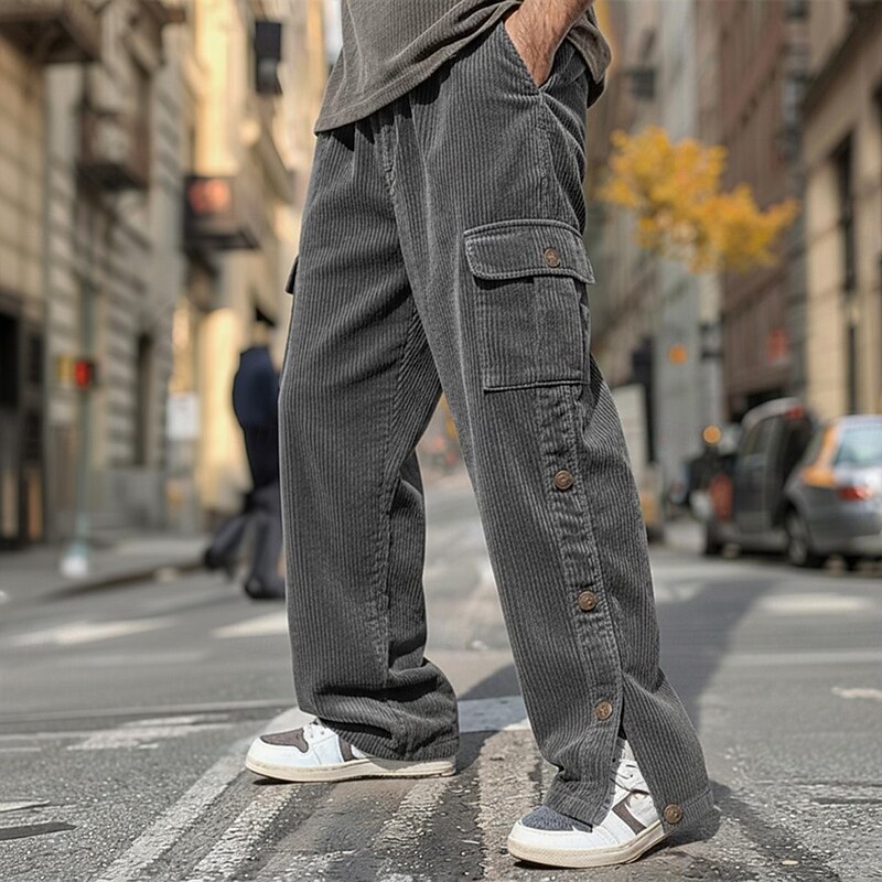 Men's Cargo Pants Cargo Trousers Corduroy Pants Zipper Pocket Buttons Solid Color Plain Soft Breathable Full Length Formal Office Work Vacation Stylish Navy Blue Green Micro-elastic