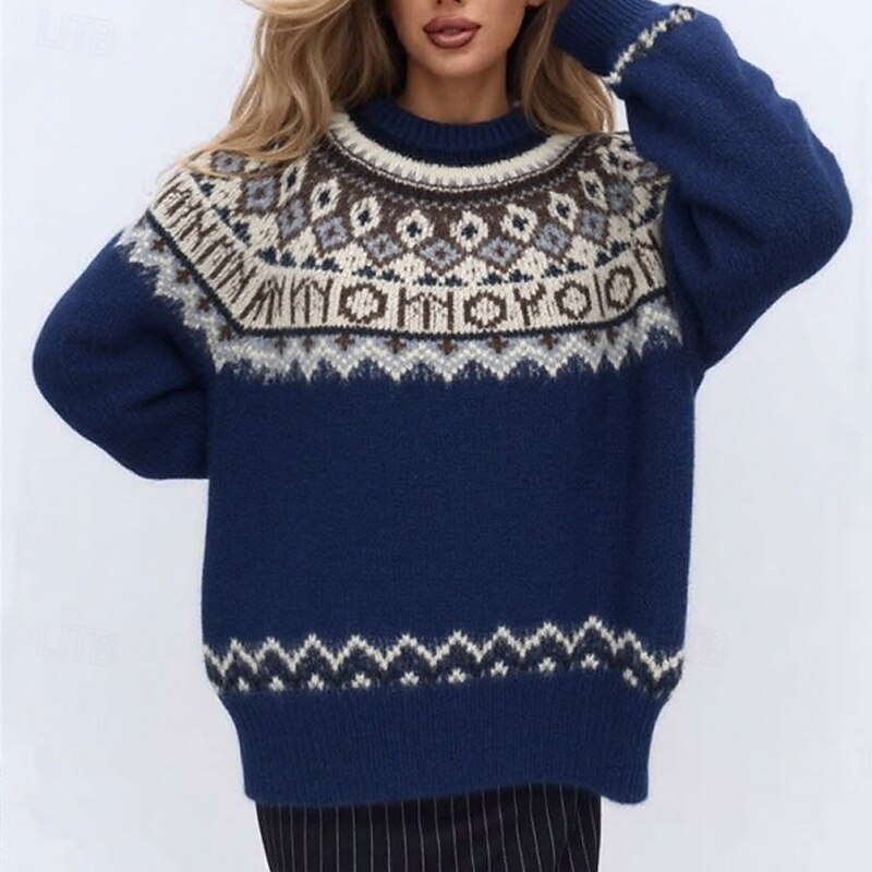 Women's Sweater Pullover Fashion Casual Geometric Ribbed Crew Neck Knitted Print Long Sleeve Regular Tops Knit Christmas Outdoor Daily Blue Fall Winter