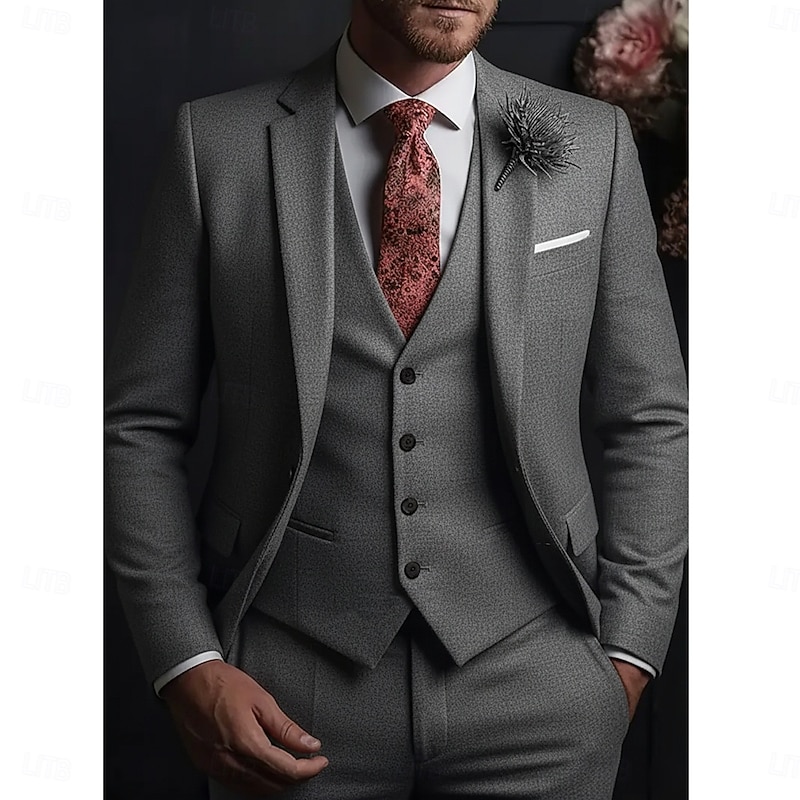 Men's Wedding Business Tweed Suits Notch Lapel Black Dark Blue Formal Solid Colored Tailored Fit 3 Piece Single Breasted One-button2
