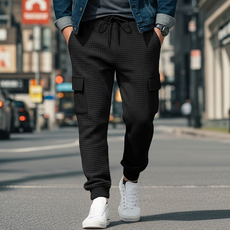Men's Waffle Cargo Sweatpants Joggers Trousers Casual Pants Drawstring Elastic Waist Plain Comfort Full Length Outdoor Casual Daily Fashion Streetwear Black White Stretchy