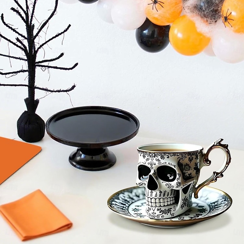 Halloween Royal Skull Coffee Mug Resin(Mug Only, Plate Not Included)Gothic Porcelain Tea Cup, Ornate Gold-Trimmed Gothic Porcelain Tea Cup, Great For Coffee Lovers And Collectors3