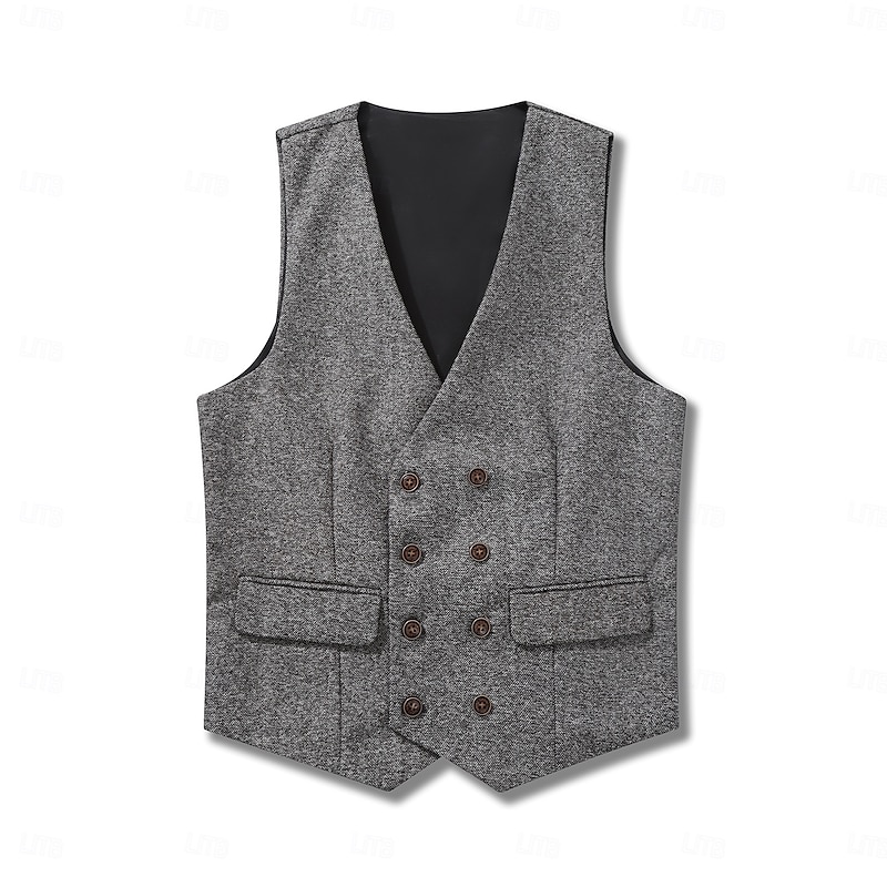 Men's Tweed Vest Waistcoat Formal Wedding Vacation Daily Vintage Fashion Spring Fall Pocket Buttons Polyester Comfortable Herringbone Single Breasted V Neck Lapel Regular Fit Khaki Gray Vest2