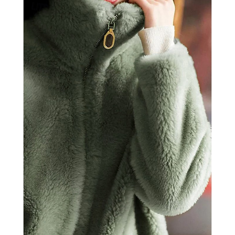 Women's Teddy Coat Jacket Warm Comfortable Zipper Pocket Casual Plain Vacation Daily Wear Going out Weekend Regular Hoodie Regular Fit Long Sleeve Outerwear Green Fall Winter2
