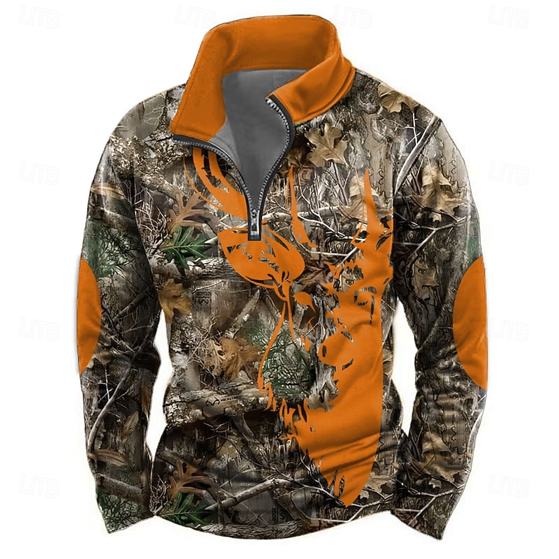 Men's Camo Deer Sweatshirt Tactical Vintage Retro High Neck Outdoor Sports Outdoor Green Army Green Zipper Quarter Zip Fall Winter Designer2