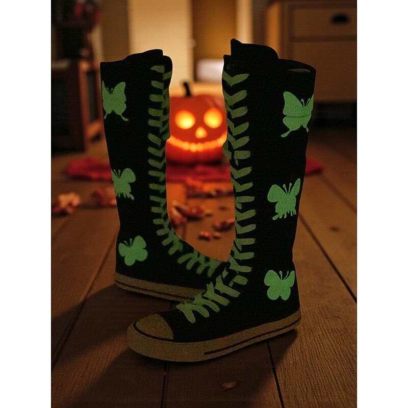 Korean Idol Inspired Pop Star Costume Shoes, Women's Black Halloween Knee High Boots – Glow in the Dark Lace-Up Canvas Shoes with Butterfly Print for Party and Festival2
