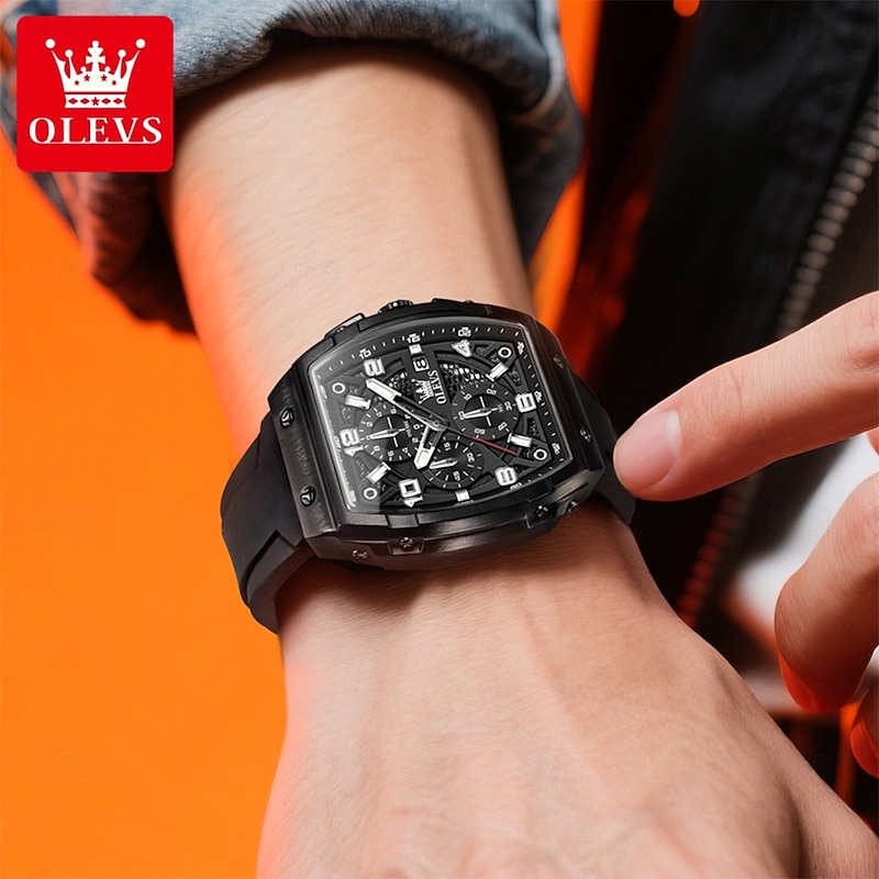 OLEVS 2976 Mens Watch Fashion Silicone Strap Tonneau Chronograph Quartz Watch Waterproof Luminous Sports Date Watches4