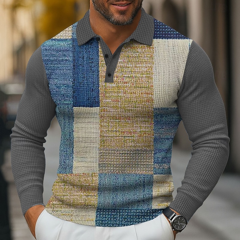 Men's Color Block Waffle Polo Shirts Long Sleeve Polo Shirts Collared Shirts Business Casual Business Wear to work Daily Wear 3D Print Buttons Spring Fall Winter Blue 1 Blue 3# Blue 2#2
