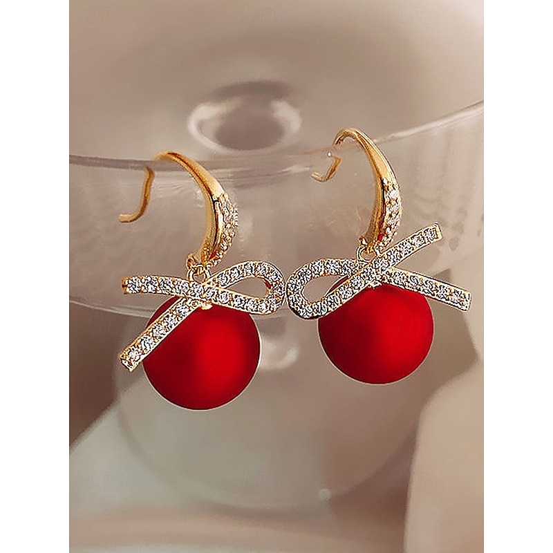 Women's Christmas Earrings with Rhinestone Bow and Pearl Drop, Festive Holiday Jewelry for Party, Wedding and Gift Giving4
