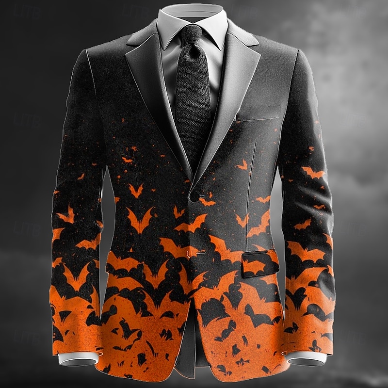Men's Bat Blazer Jacket Coat Comfortable Artistic Casual Party Evening Wear Daily Festival 3D Print Buttons Multi Pocket All Seasons Notch Long Sleeve Blue Orange Green