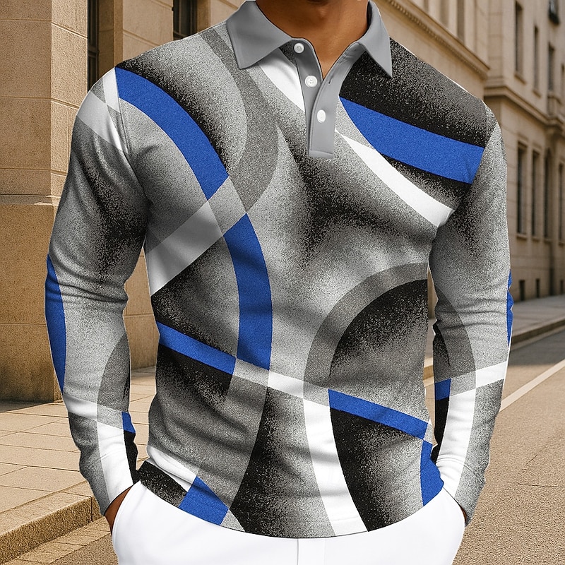 Men's Geometic Polo Long Sleeve Polo Shirts Lapel Casual Athleisure Daily Wear 3D Print Buttons Spring Fall Winter Red Blue Green2