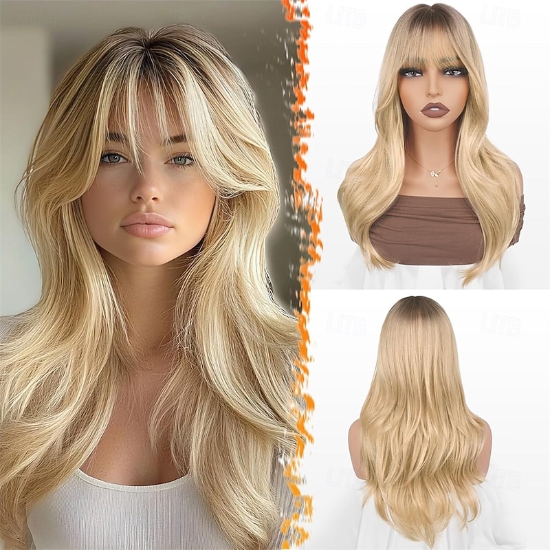 Ombre Blonde Layered Wig with Bangs - 20 Inch Blonde Ombre Layered Wig with Dark Roots for Women - Natural Looking Soft Wavy Synthetic Sabrina Wigs Layers Fringe Daily