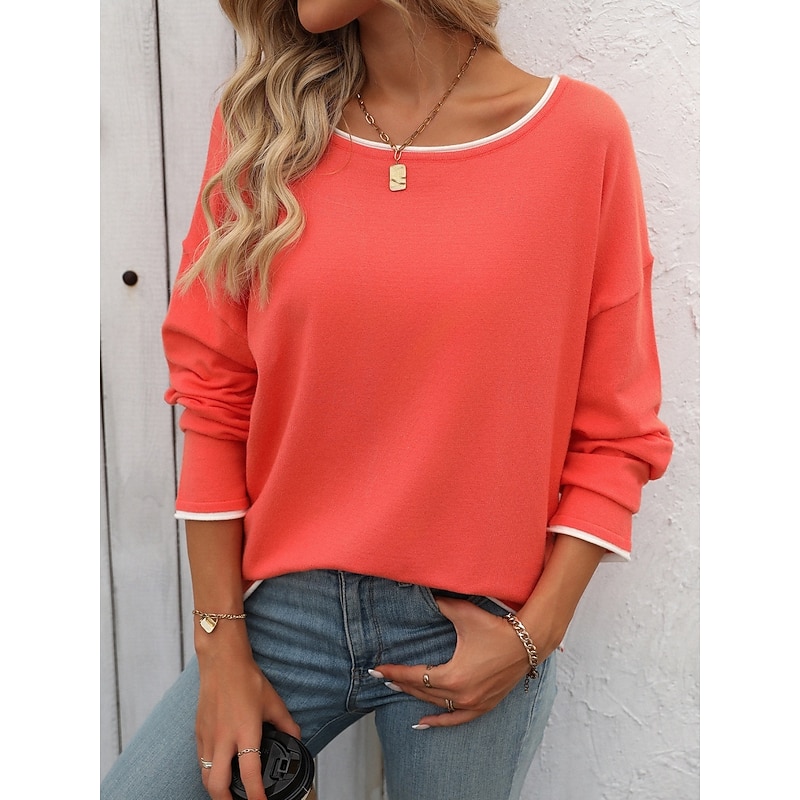 Women's Sweater Casual Soft Pure Color Ribbed Crew Neck Knitted Long Sleeve Regular Tops Knit Outdoor Daily Weekend Red Navy Blue Fall Winter
