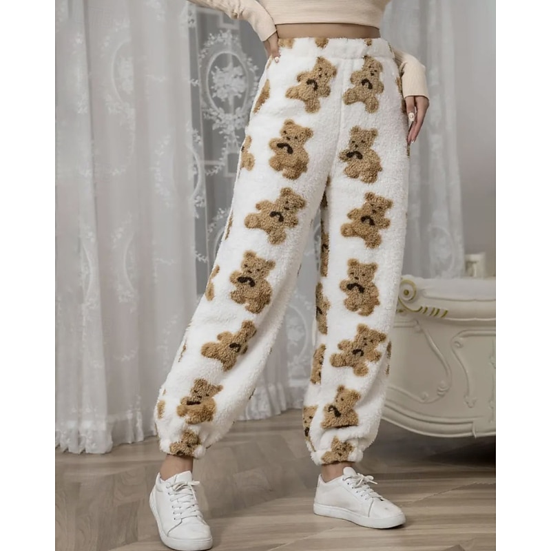 Women's Fleece Pants Chinos Casual Full Length Medium Waist Bear Elastic Waist Thermal Warm Comfortable Stretchy Outdoor Vacation Daily Apricot Winter Loose Fit