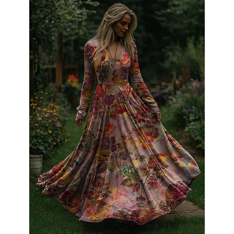 Christmas Women's Maxi Dress Pleated Dress Party Casual Boho Daily Date Going out Regular Fit Floral Long Sleeve V Neck Blue Purple Orange Spring Fall Winter2