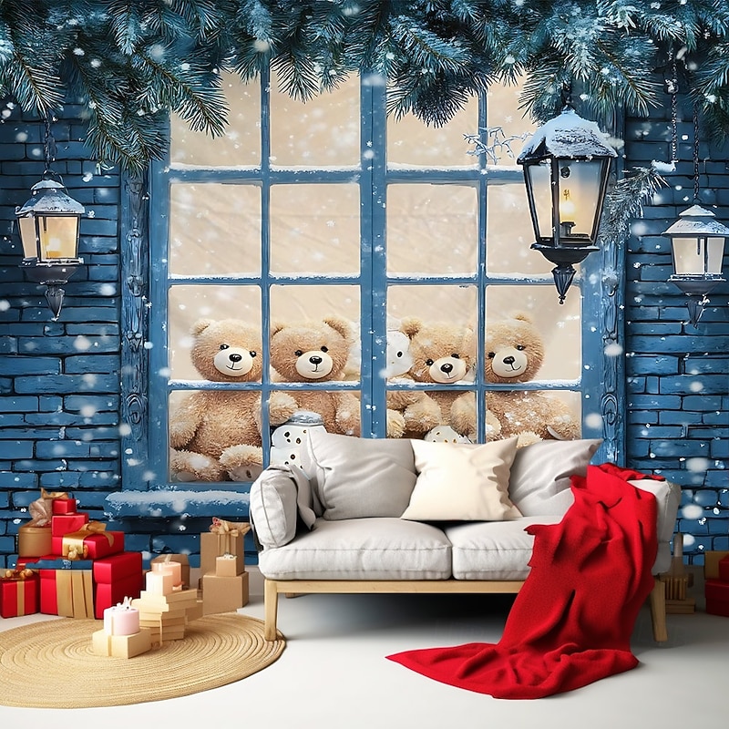 Chrismas Hanging Tapestry Teddy Bear By Window Christmas Tree Snowy Outdoor Scene Large Wall Art Mural Decor Blanket Curtain Holiday Home Bedroom Living Room Festive Seasonal Party Decoration