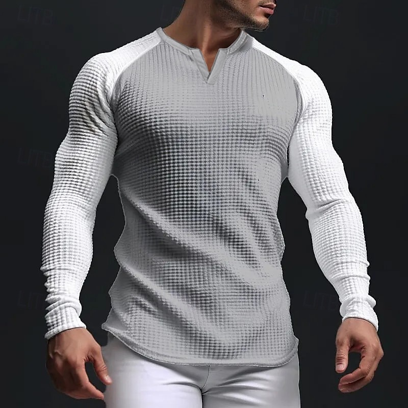 Men's Waffle Tee Waffle Shirt T Shirt Tee Top Long Sleeve V Neck Spring &  Fall Color Block Fashion Designer Basic Patchwork Vacation Street Going out Black Navy Blue Khaki Top Tee for Men