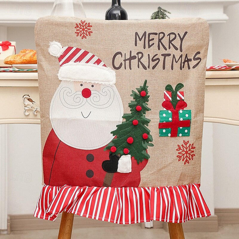 Burlap Christmas Chair Covers, Creative Santa Claus & Snowman Applique with Festive Stripes, Holiday Seat Covers for Dining Room and Home Decoration3