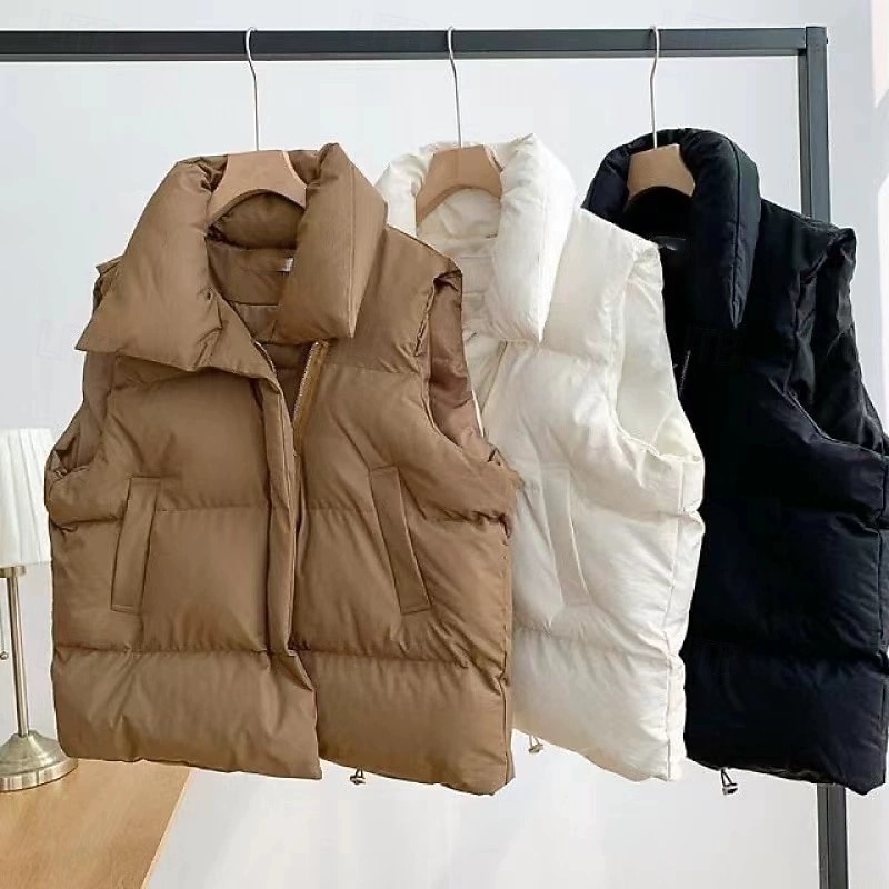 Women's Puffer Jacket Quilted Jacket Casual Jacket Comfortable Breathable Zipper Pocket Casual Plain Vacation Street Casual Daily Wear Zipper Short Turndown Regular Fit Long Sleeve Outerwear Black