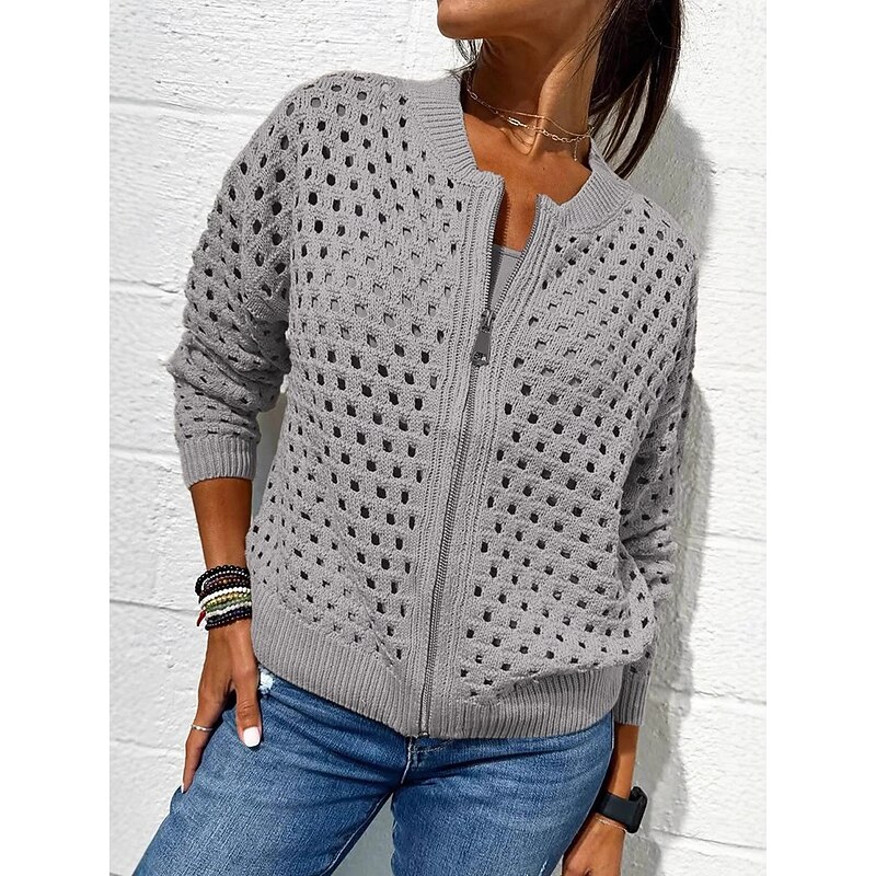 Women's Sweater Cardigan Elegant Fashion Streetwear Solid Color Crew Neck Hollow Out Zipper Knitted Long Sleeve Regular Tops Knit Outdoor Daily Weekend Black Pink Spring Fall2