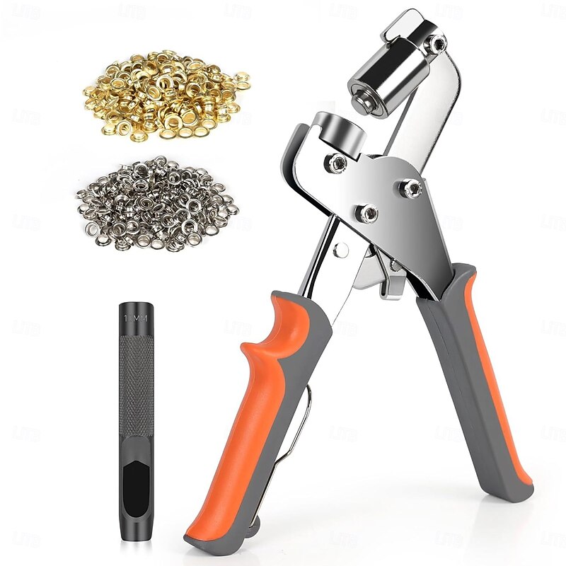 Heavy Duty Professional Grommets Tool Kit 3/8 Inch 10mm Handheld Eyelet Kit DIY Handheld Hole Punch Grommet Kit with 200/500 Eyelet Buckles, Metal Air Hole Rivet Installation Tools