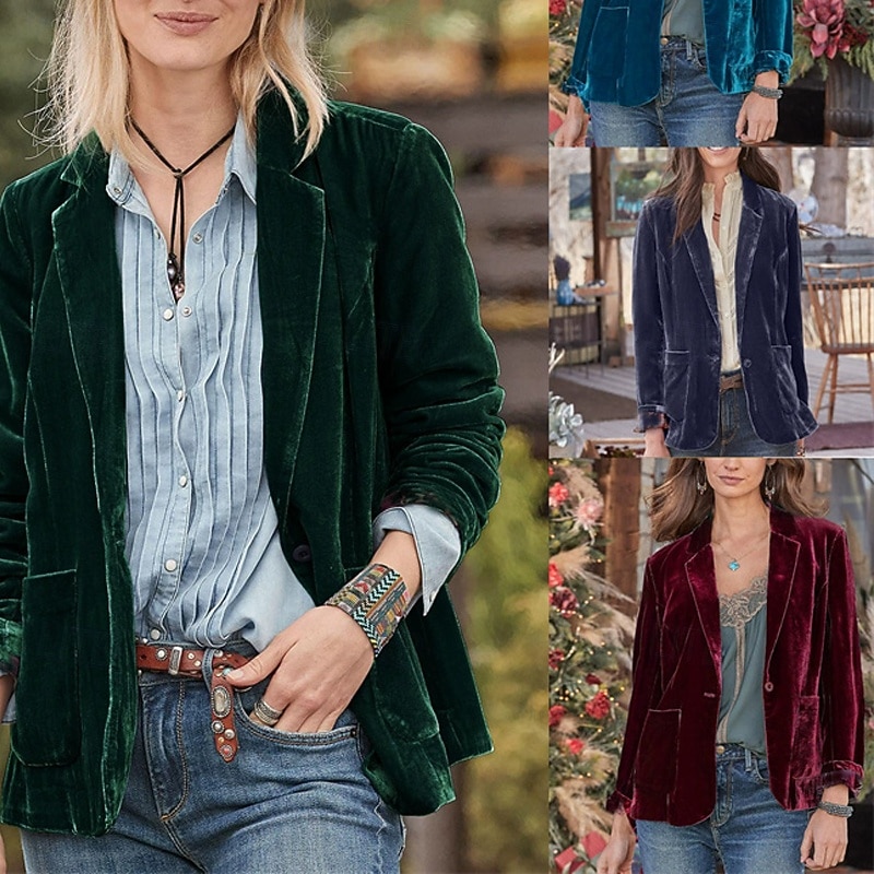 Women's Blazer Comfortable Pocket Buttons Elegant Fashion Outdoor Plain Going out Casual Daily Weekend Single Breasted Regular Lapel Regular Fit Long Sleeve Outerwear Black Wine Purple Spring Fall