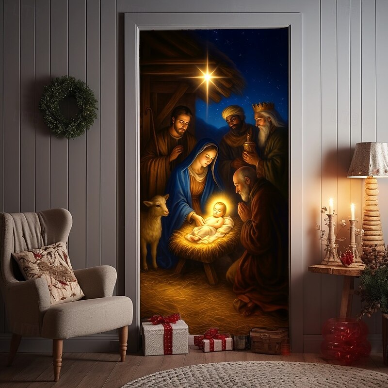 Christmas Door Cover, Holy Family Nativity Scene Door Curtain with Baby Jesus, Mary and Joseph, Religious 2025 Xmas Door Hanging for Holiday Party Home Decor2