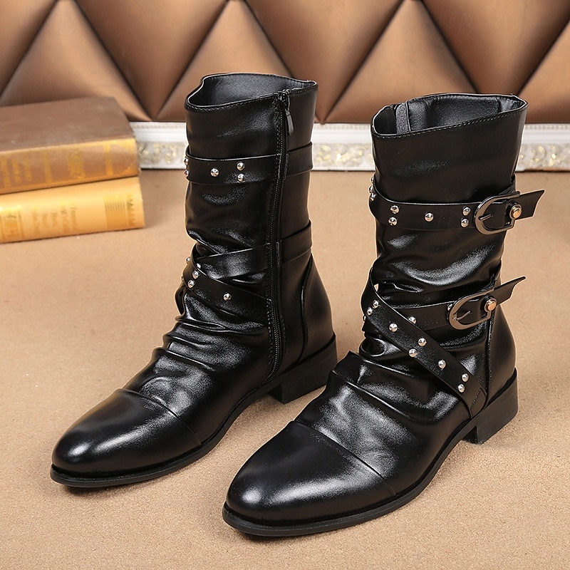 Black Faux Leather Men's Lace-Up Boots with Metal Straps and Fashion-Forward Design – Great for Trendsetters, Motorcycle Enthusiasts, Street Style and Punk Rock Fashion