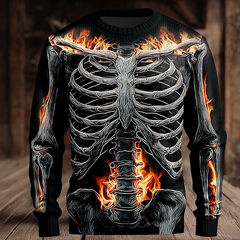 Halloween Men's Skeleton Pullover Sweater Jumper Knitwear Crewneck Casual Vacation Daily 3D Print Keep Warm Long Sleeve Spring Fall Winter Black