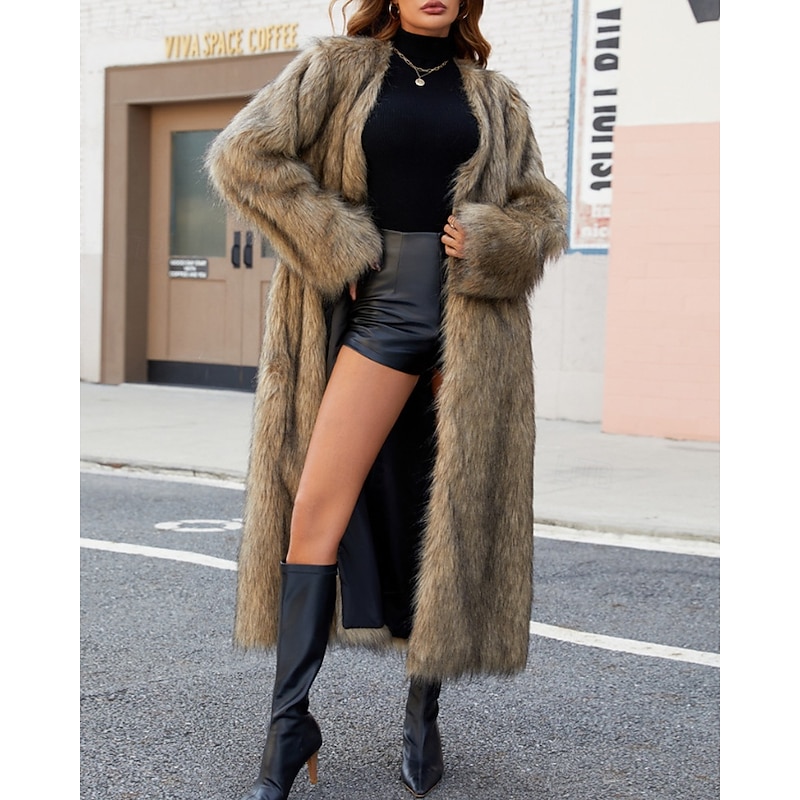 Women's Coat Faux Fur Coat Warm Comfortable Furs & Leathers Fashion Plain Vacation Street Daily Wear Going out Long V Neck Regular Fit Long Sleeve Outerwear Khaki Fall Winter