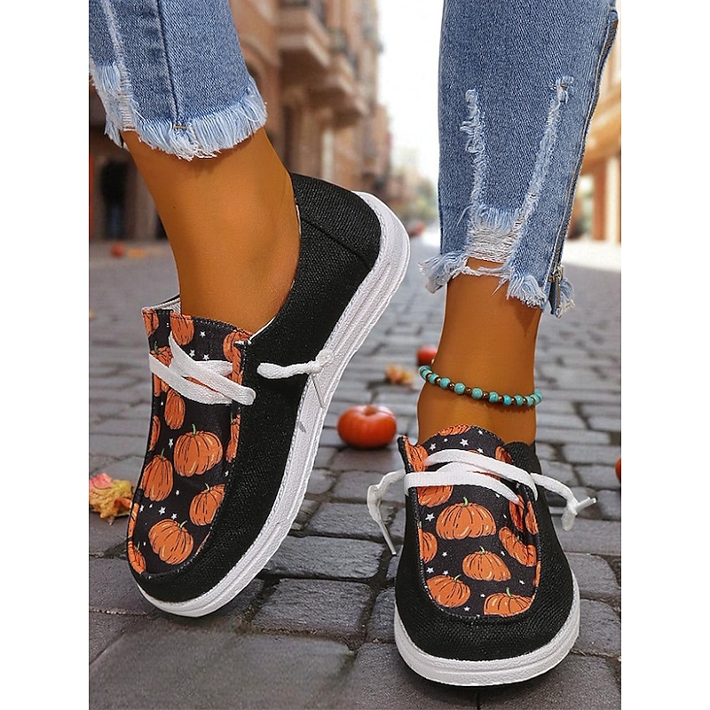 Women's Halloween Pumpkin Loafers – Comfortable Slip-On Casual Shoes with Lace-Up Design for Fall Festival, Streetwear and Holiday Party2