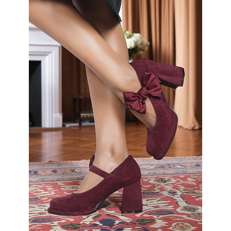 Women's Burgundy Suede Mary Jane Heels with Bow Accent – 1950s Retro Block Heel Party Shoes for Christmas,Vintage Cocktail Party and Elegant Street Fashion2