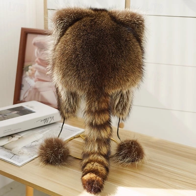 Winter Cute Raccoon Plush Hats Warm Trapper Hat with Ear Flaps, Faux Raccoon Fur Ushanka Aviator Hat for Kids and Adults2