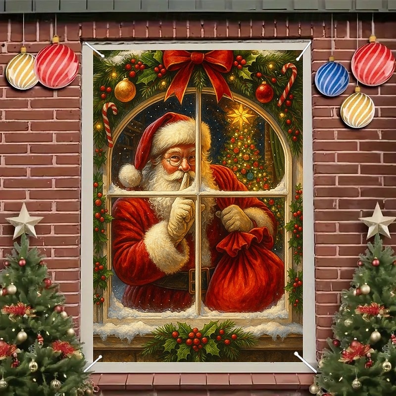 Christmas Santa at Window Curtain, 2025 Xmas Traditional Window Curtain Door Cover with Gifts, Holiday Decoration for Living Room, Front Door3