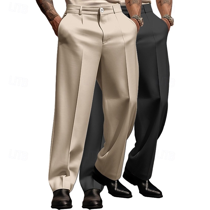 Men's Trousers Dress Pants Baggy Pants Dress Slacks Front Pocket Straight Leg Plain Comfort Breathable Wedding Business Casual Fashion Basic White+Khaki Khaki+Black Inelastic3